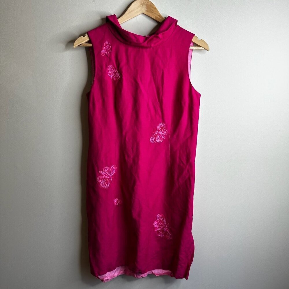 Vintage Talbots Dress Sz 8 Knee‎ Length Pink Embroidered Butterfly Linen Blend